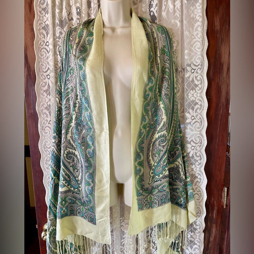 Lightweight and airy yellow green and blue paisley scarf with a bohemian vibe